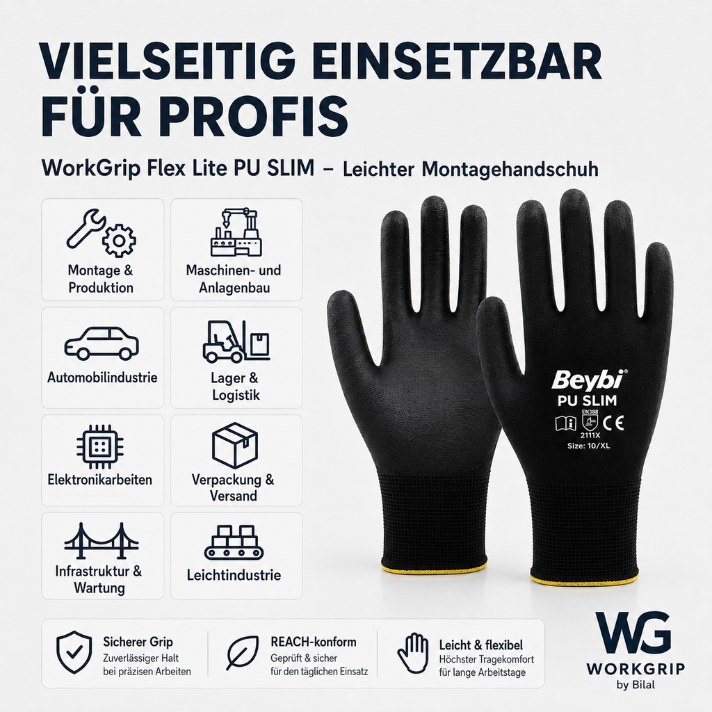 WorkGrip Flex Lite PU SLIM – Leichter Montagehandschuh