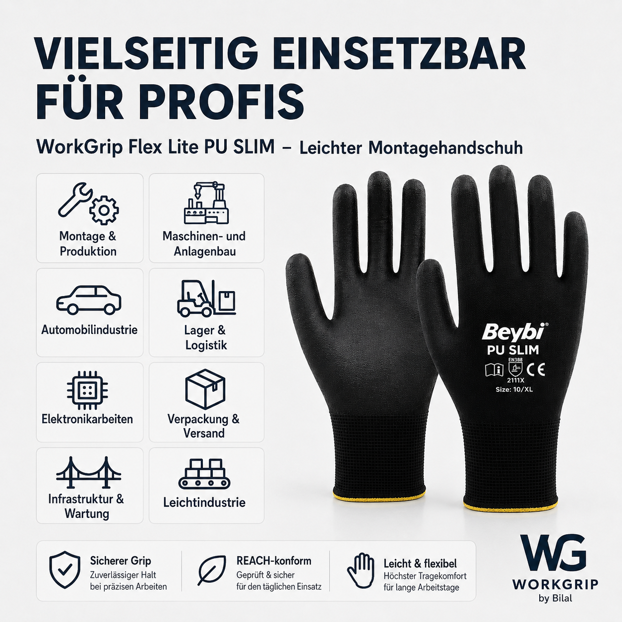 WorkGrip Flex Lite PU SLIM – Leichter Montagehandschuh