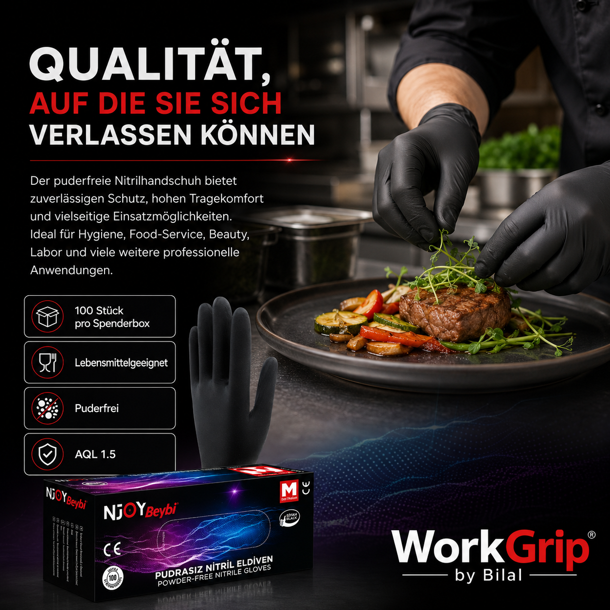 WorkGrip Nitril Black 100 Stück – Puderfreier Einweghandschuh