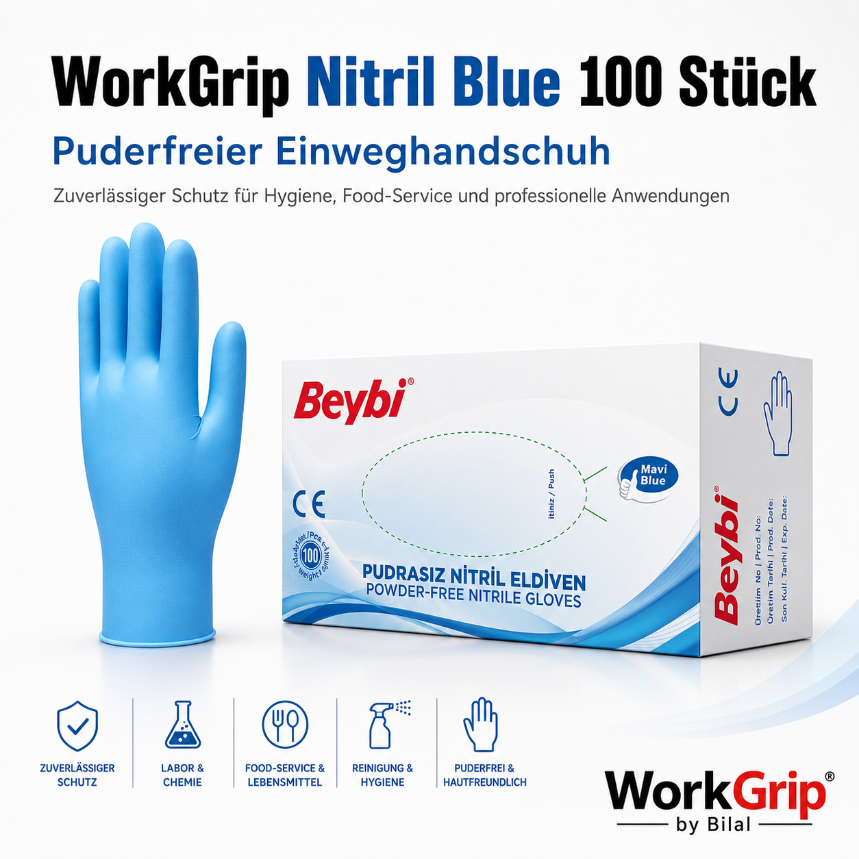 WorkGrip Nitril Blue 100 Stück – Puderfreier Einweghandschuh