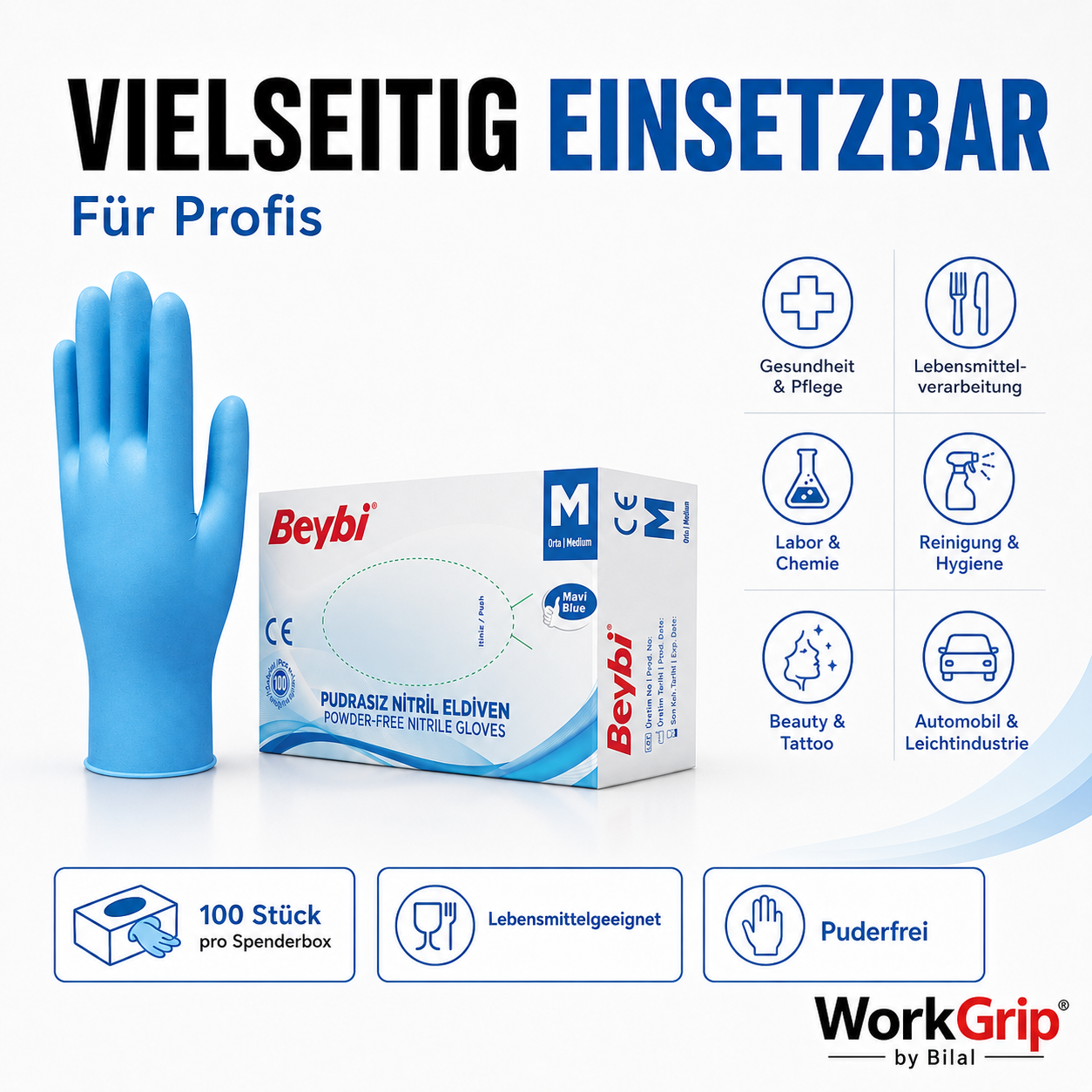 WorkGrip Nitril Blue 100 Stück – Puderfreier Einweghandschuh