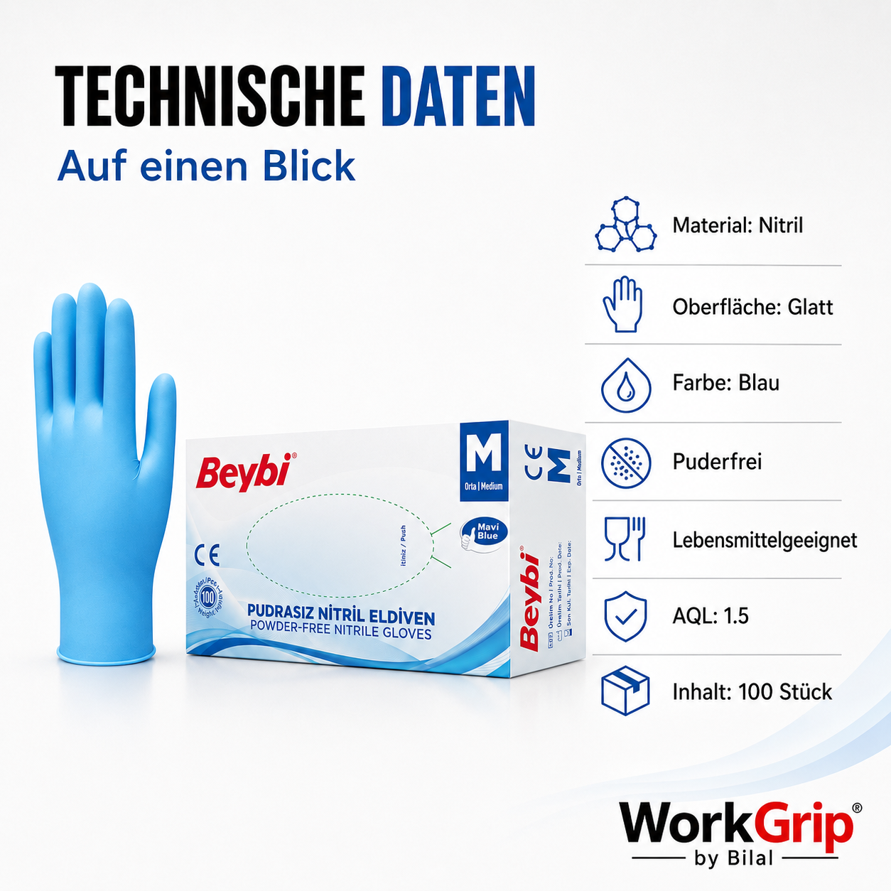 WorkGrip Nitril Blue 100 Stück – Puderfreier Einweghandschuh