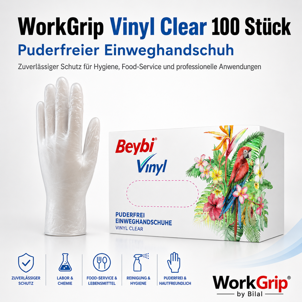 WorkGrip Vinyl Clear 100 Stück – Puderfreier Einweghandschuh