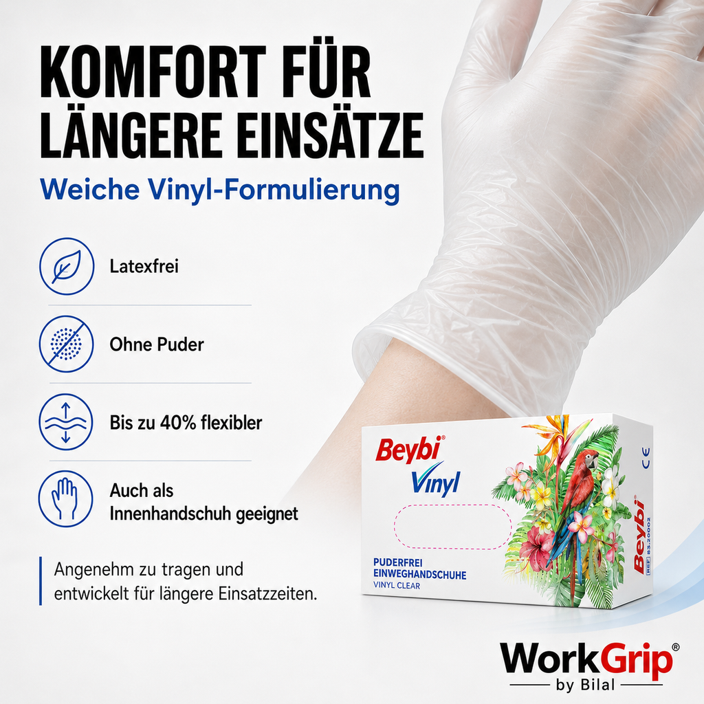 WorkGrip Vinyl Clear 100 Stück – Puderfreier Einweghandschuh