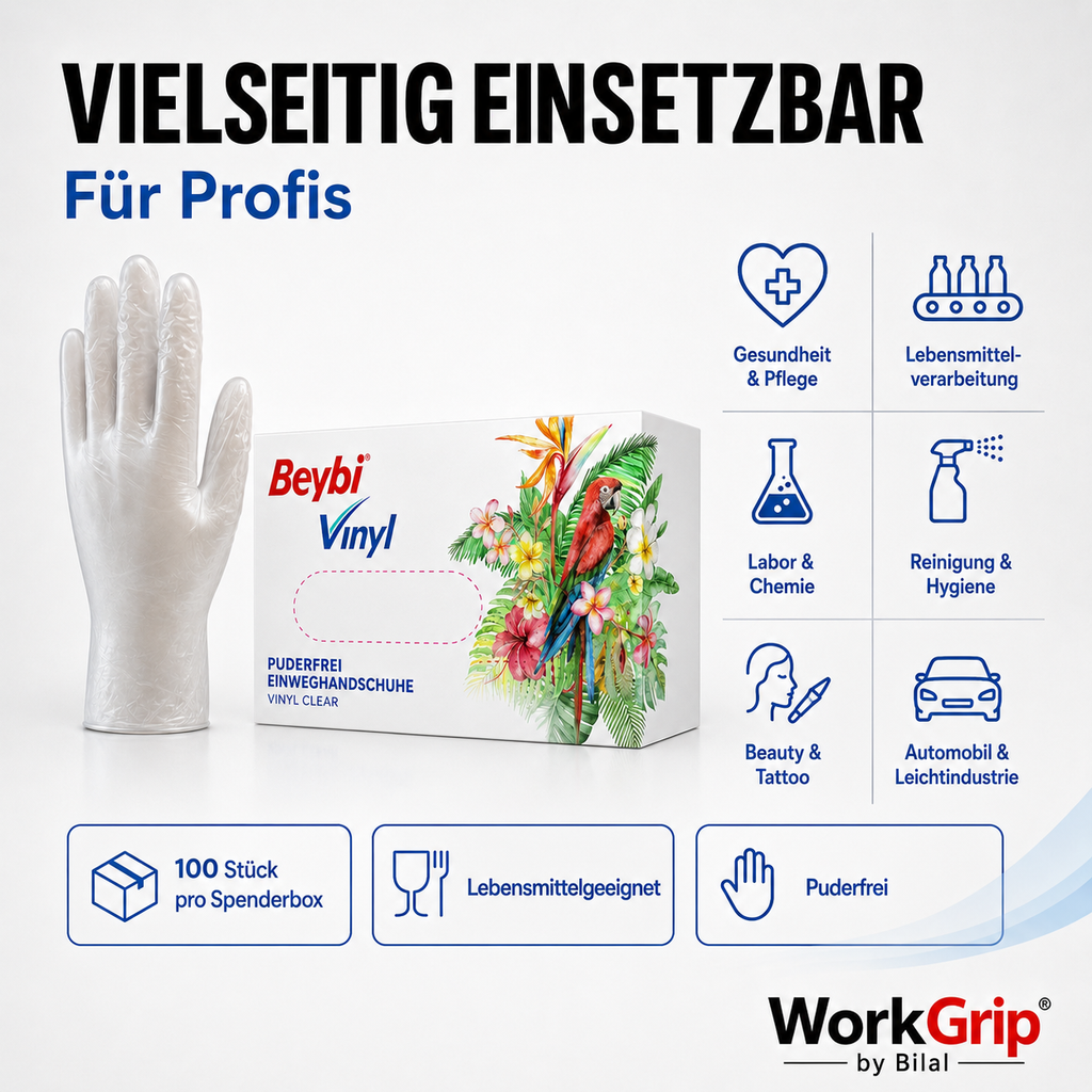 WorkGrip Vinyl Clear 100 Stück – Puderfreier Einweghandschuh