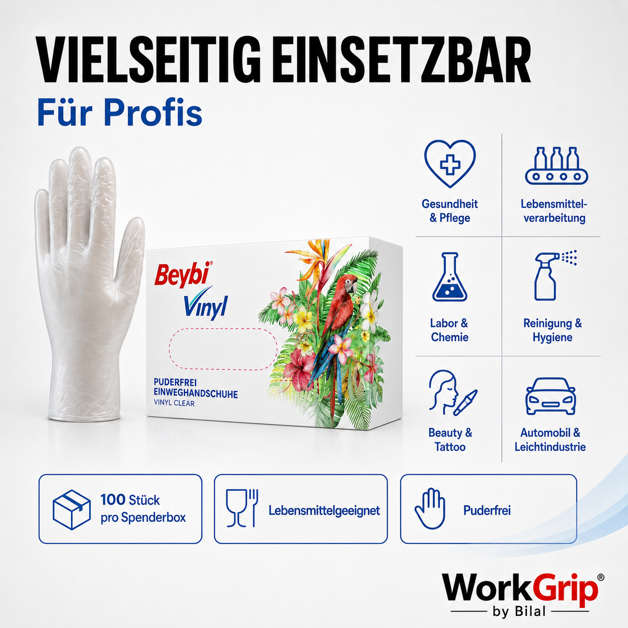 WorkGrip Vinyl Clear 100 Stück – Puderfreier Einweghandschuh