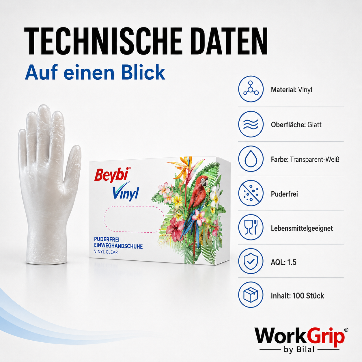 WorkGrip Vinyl Clear 100 Stück – Puderfreier Einweghandschuh